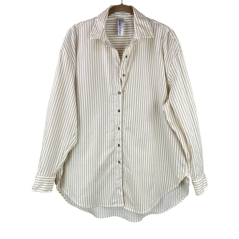 Mother Oxford Striped Shirt Tunic Size XL Tan White Relaxed Fit